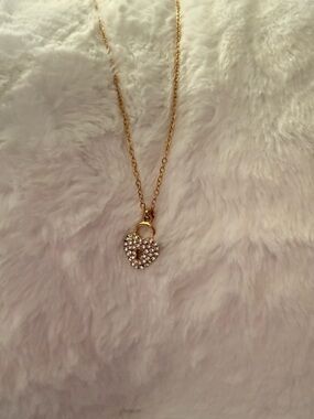 Gold Heart Lock Pendant Necklace with Clear Crystals - Women Jewelry